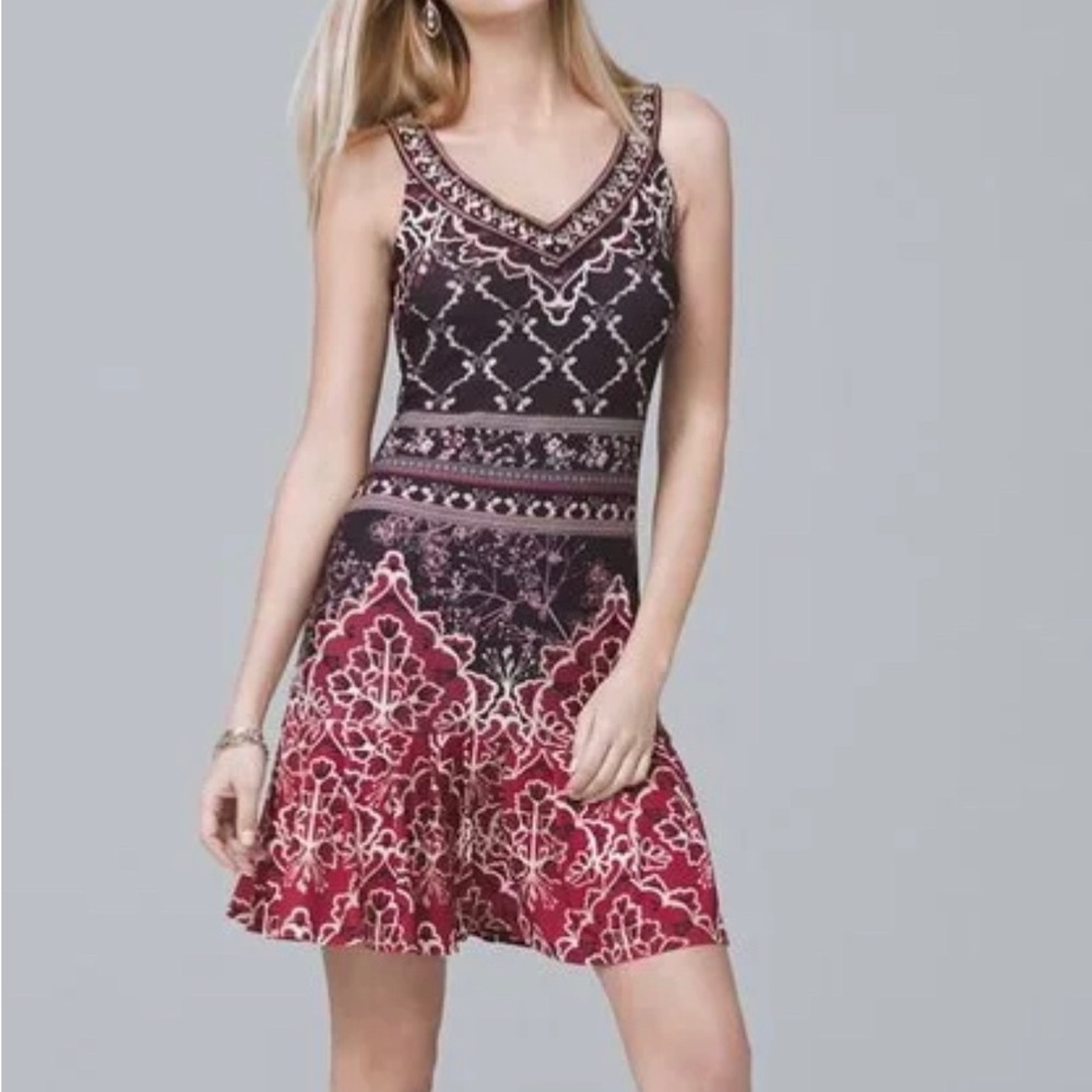 White House Black Market Plus Embroidered V-Neck Flounce-Hem Knit Sheath Dress